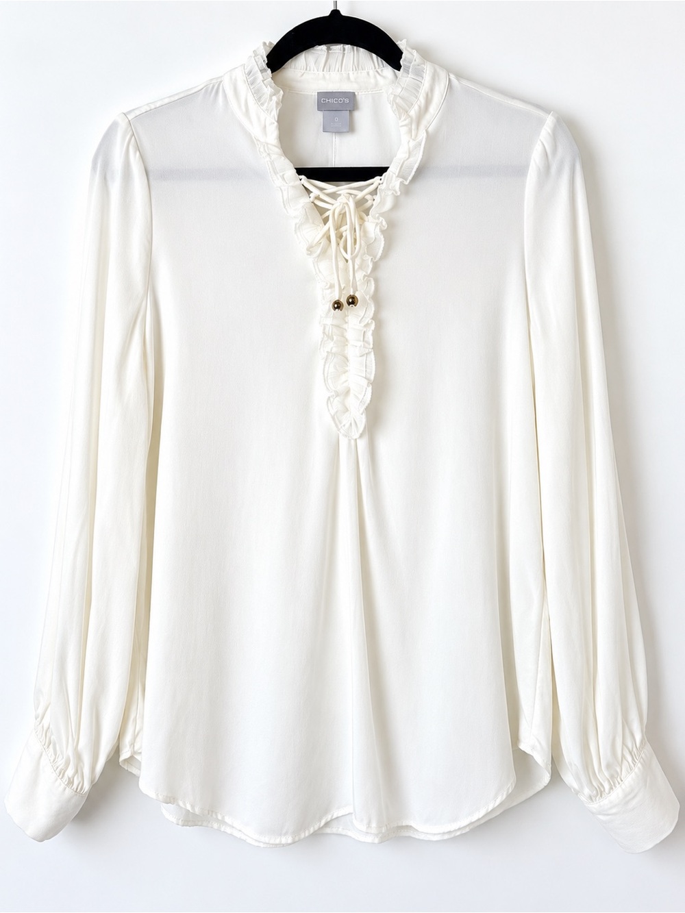 Chico’s Ivory Ruffle Tie Neck Blouse Romantic Long Sleeve Top Size 0 (Small)